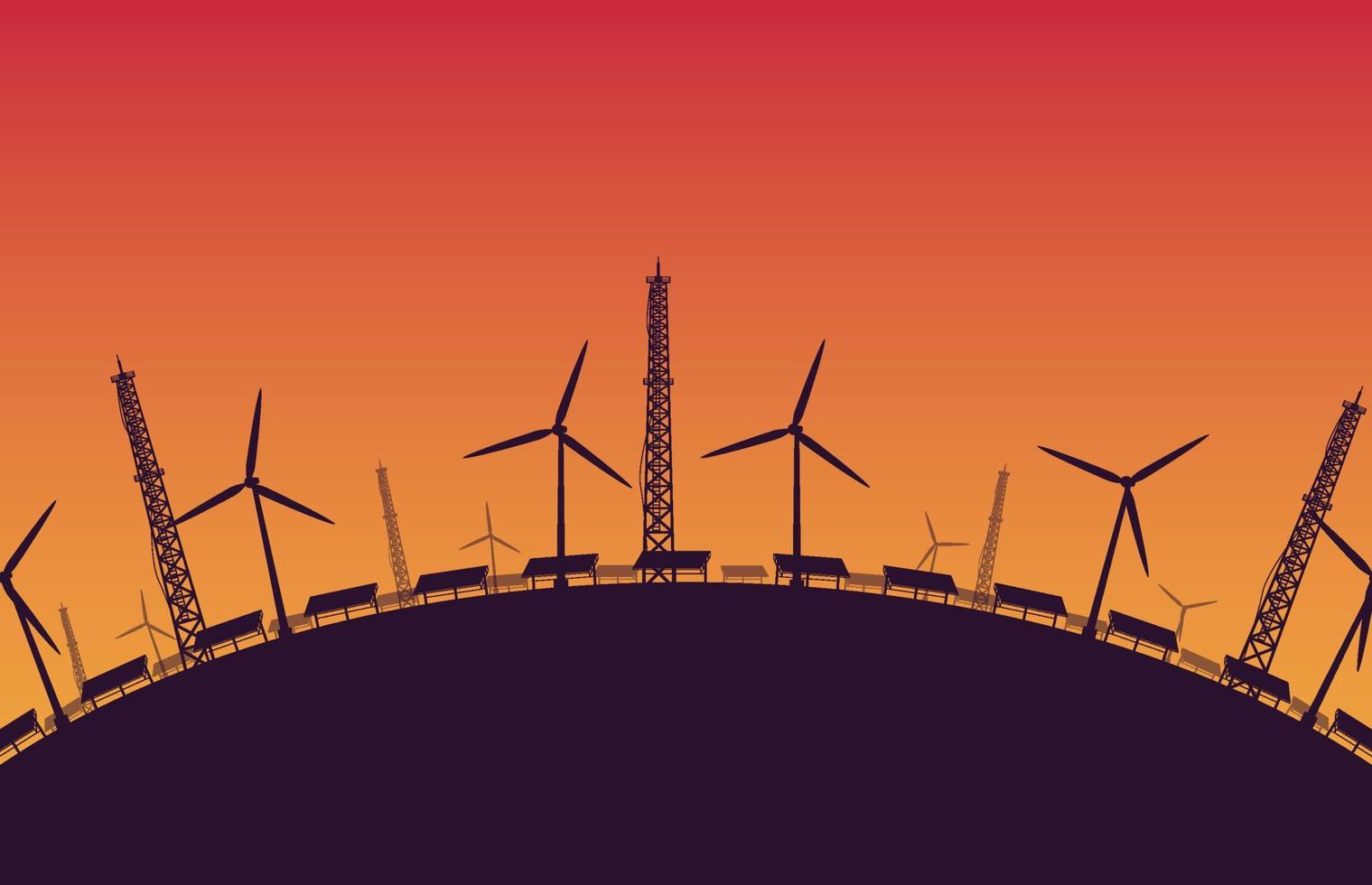 silhouette in costruzione al largo vento turbina azienda agricola nel mare su arancia pendenza sfondo vettore