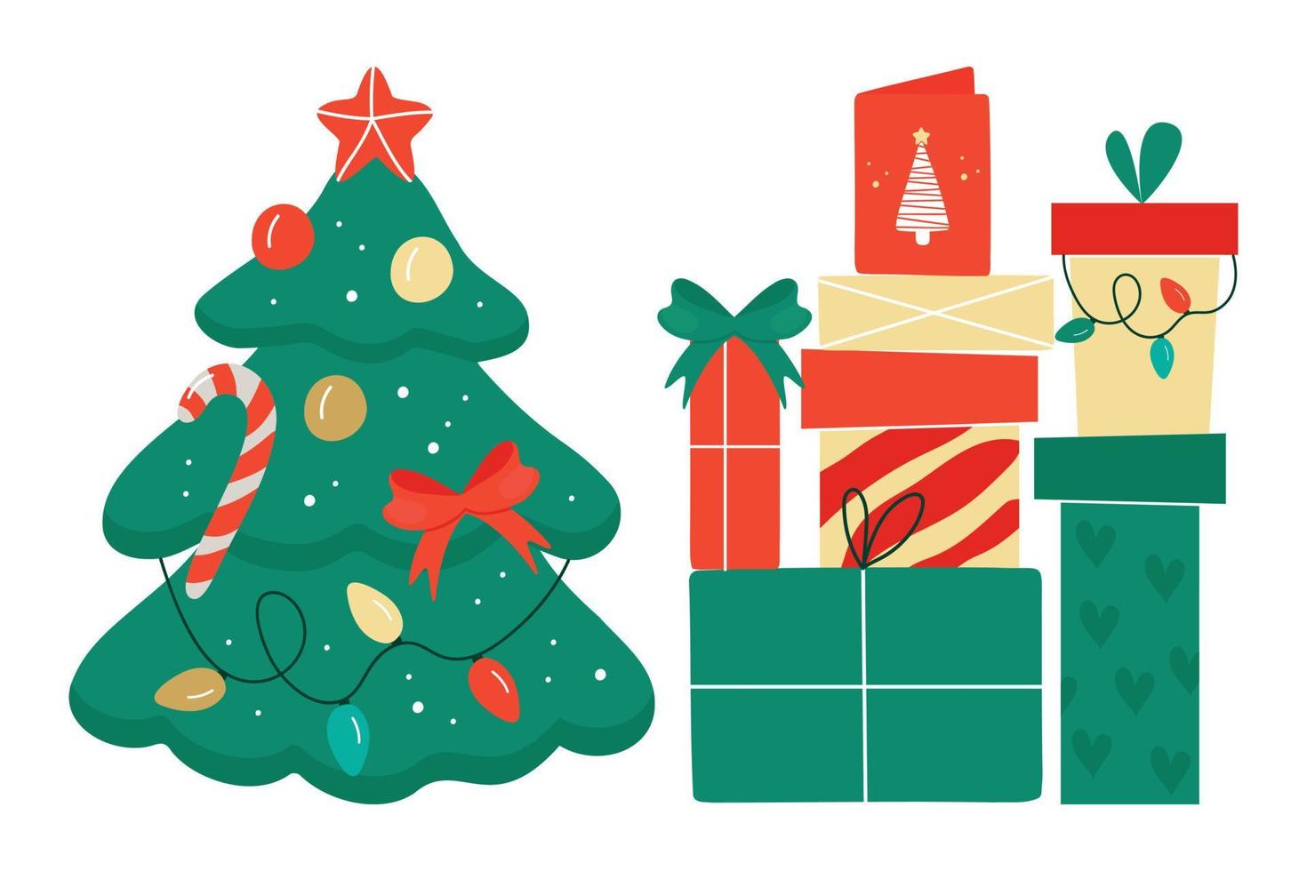 Natale albero con un' stella, palloncini e luci. un' verde abete o pino albero decorato con regalo scatole, raggiante ghirlande e un' rosso nastro. vettore
