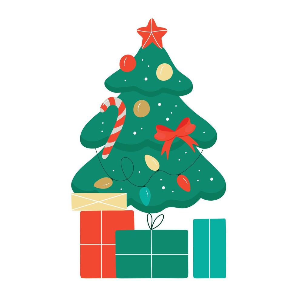 Natale albero con un' stella, palloncini e luci. un' verde abete o pino albero decorato con regalo scatole, raggiante ghirlande e un' rosso nastro. vettore