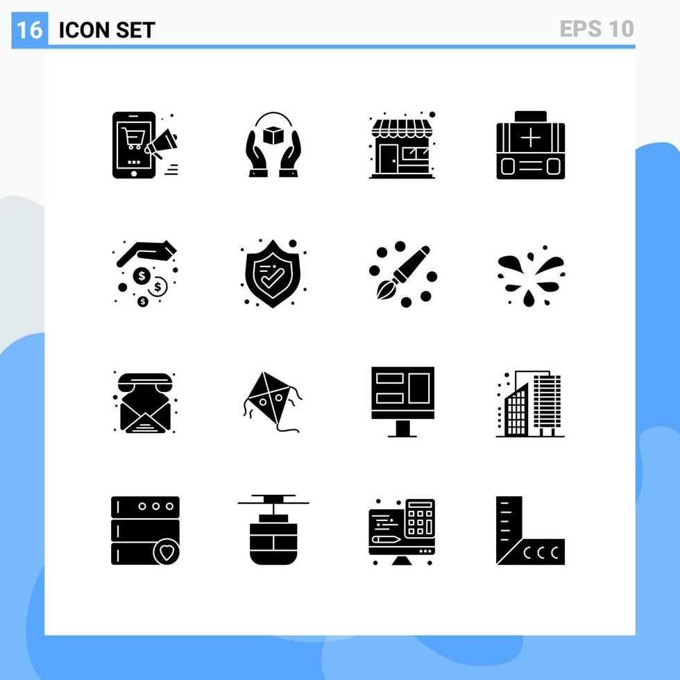 moderno impostato di 16 solido glifi pittogramma di valigia primo aiuto Prodotto ventiquattrore negozio modificabile vettore design elementi