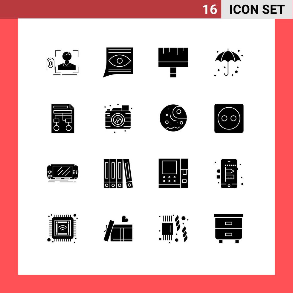 16 solido glifo concetto per siti web mobile e applicazioni bagnato ombrello e-mail spiaggia dipingere modificabile vettore design elementi