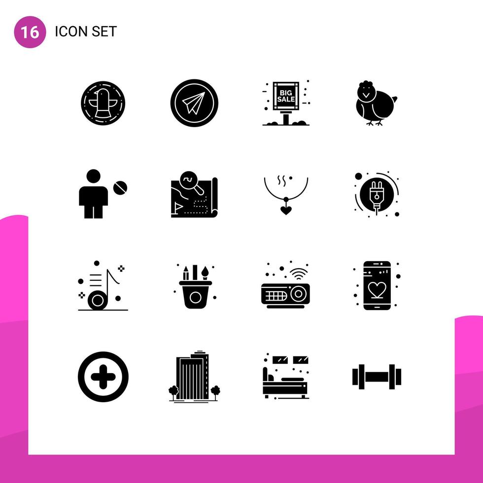 16 universale solido glifi impostato per ragnatela e mobile applicazioni avatar bambino carta aereo Pasqua vendita annuncio pubblicitario modificabile vettore design elementi