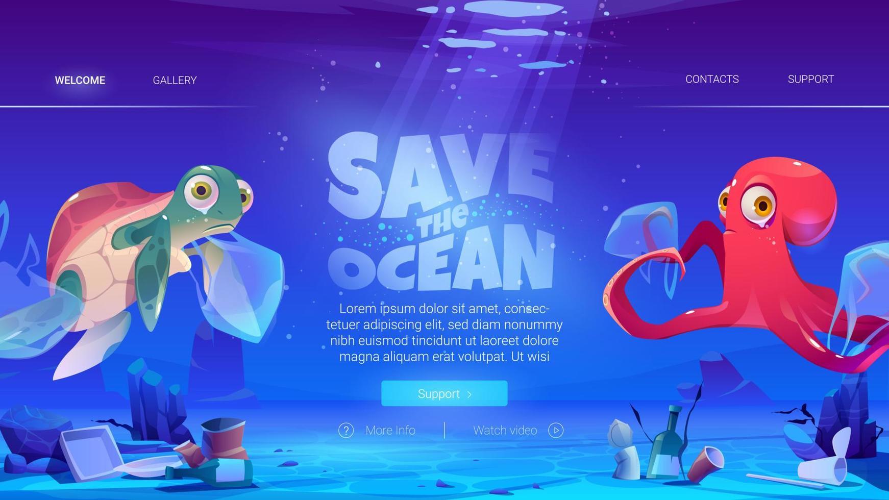 Salva oceano sito web con mare animali e rifiuto vettore