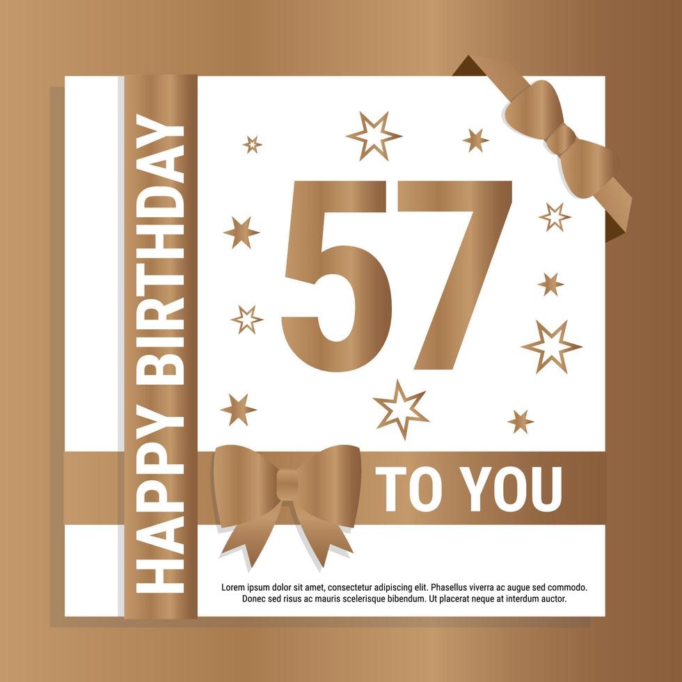 contento 57 ° compleanno. oro numeri e luccicante oro nastri. festivo sfondo. decorazione per festa evento, saluto carta e invito, design modello per compleanno celebrazione. eps10 vettore