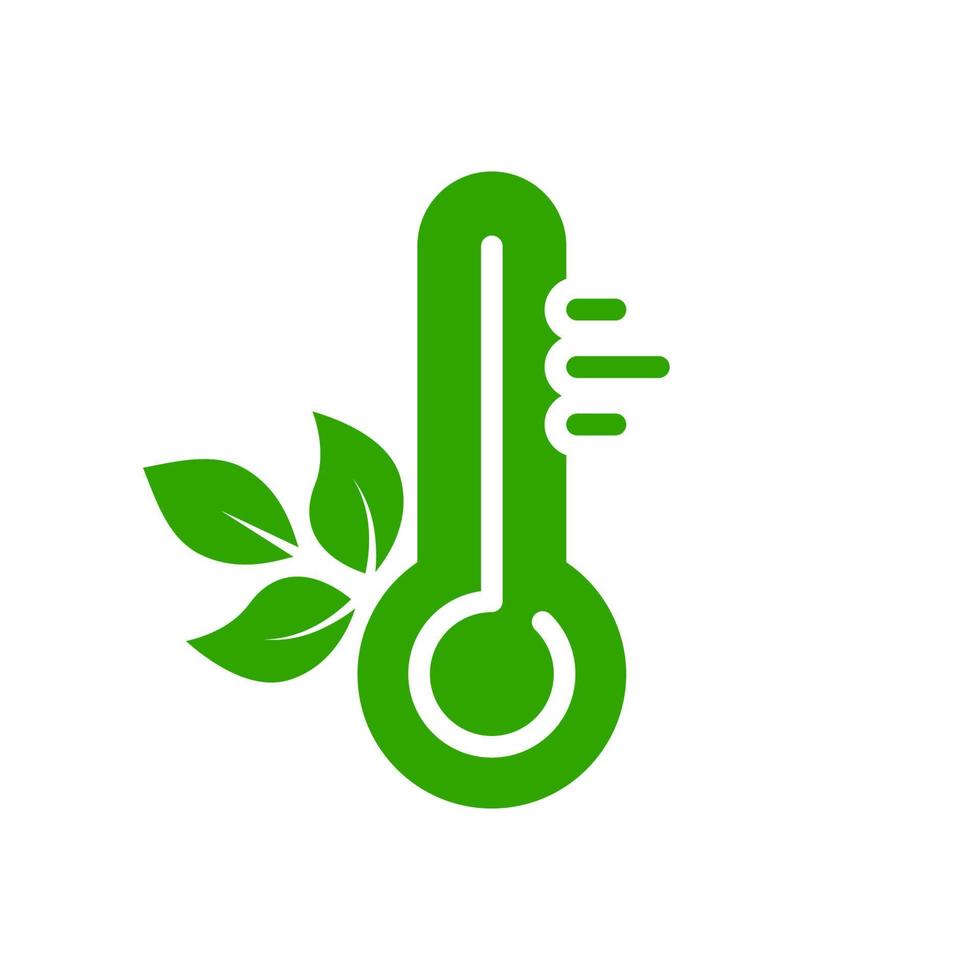 termometro attrezzo nel centigrado o fahrenheit con foglia verde silhouette icona. temperatura misurazione strumento eco cura glifo pittogramma. bio clima controllo grado icona. isolato vettore illustrazione.