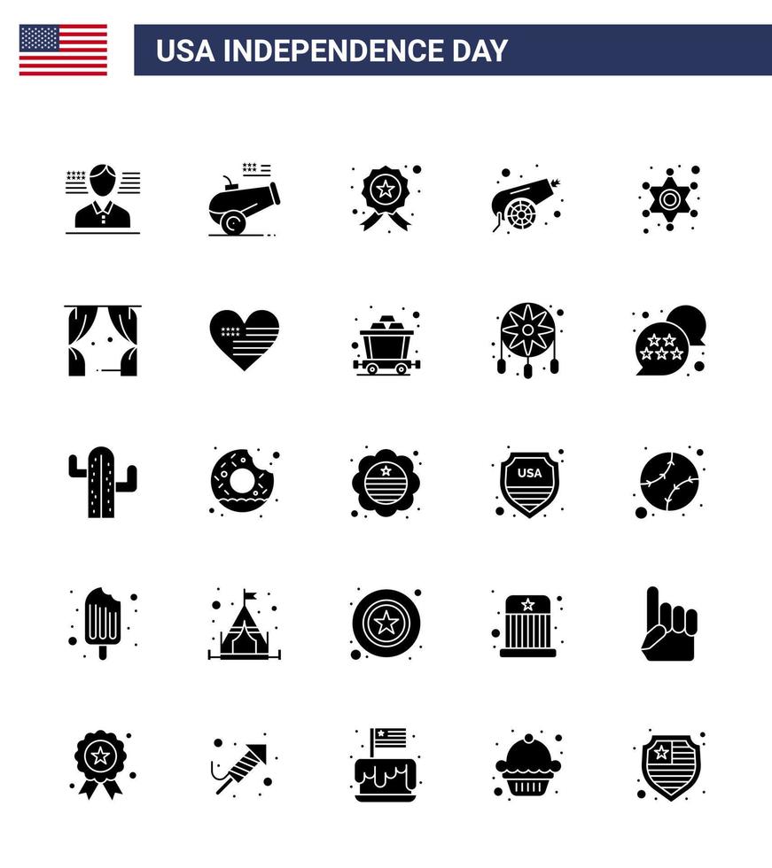 25 Stati Uniti d'America solido glifo segni indipendenza giorno celebrazione simboli di stella uomini indagare arma canone modificabile Stati Uniti d'America giorno vettore design elementi