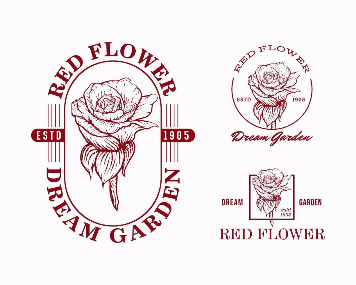 rosso fiore mano disegnato emblema logo design modelli vettore
