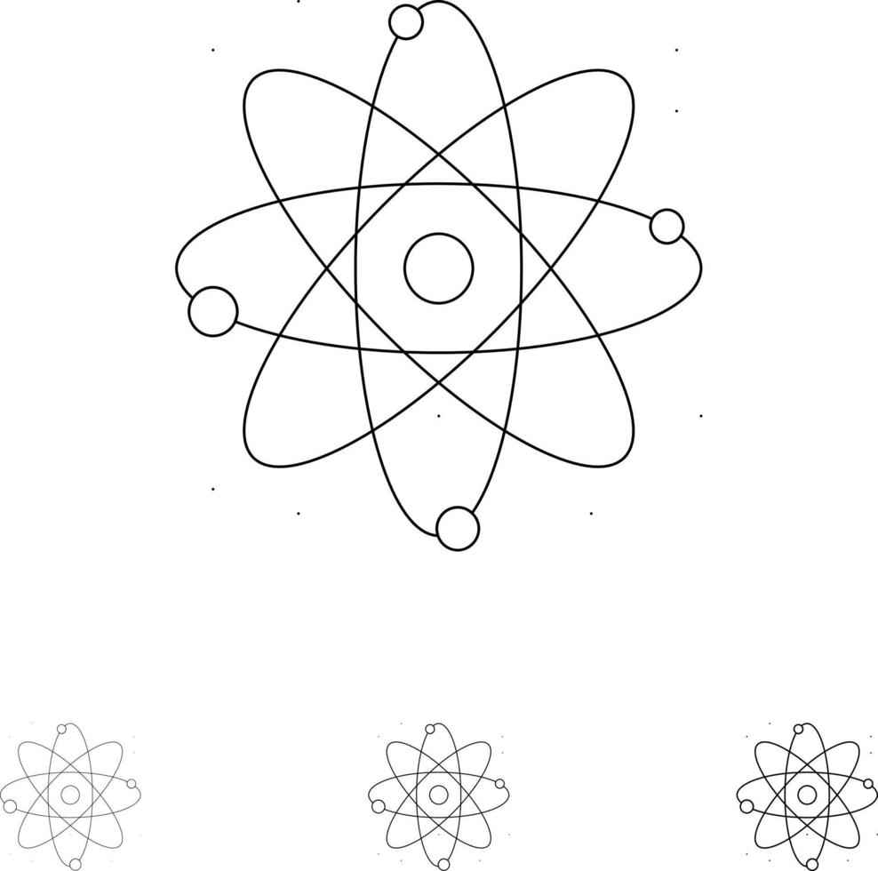atomo energia energia laboratorio grassetto e magro nero linea icona impostato vettore