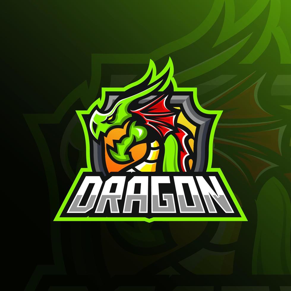 verde Drago portafortuna esport logo design vettore