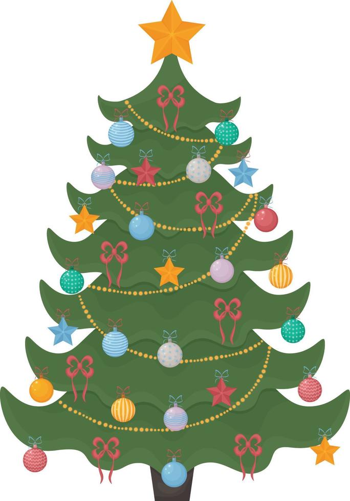 Natale albero. un' luminosa Natale albero decorato con festivo giocattoli, un' ghirlanda e un' d'oro stella su il superiore di il testa. Natale pino albero vettore illustrazione isolato su un' bianca sfondo
