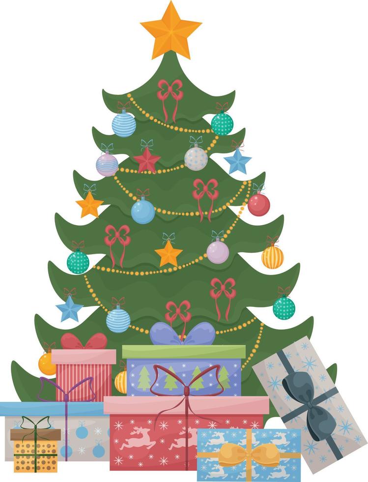 un' luminosa festivo Natale albero decorato con Natale palle. Natale albero con Natale i regali. nuovo anno albero con colorato regalo scatole. vettore illustrazione su un' bianca sfondo