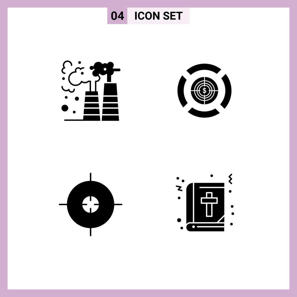 pittogramma impostato di 4 semplice solido glifi di fabbrica scienza rifiuto bersaglio Bibbia modificabile vettore design elementi