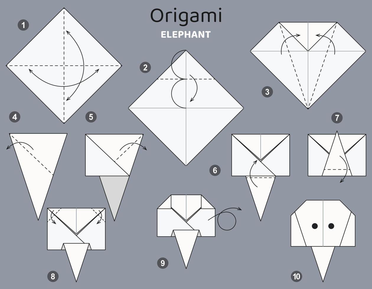 lezione elefante origami schema. isolato origami elementi su grigio sfondo. origami per bambini. passo di passo Come per rendere origami elefante. vettore illustrazione.