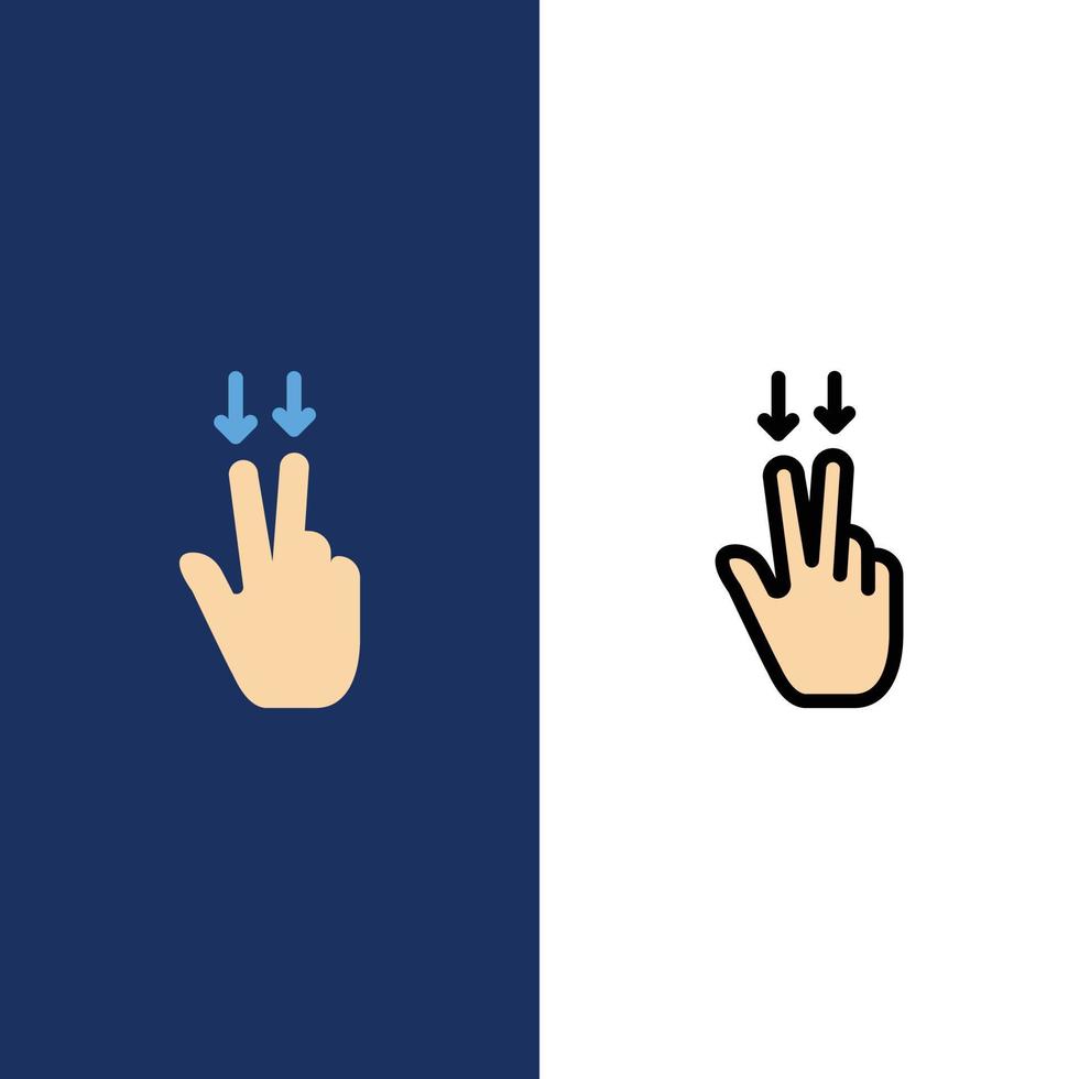 dita gesto giù icone piatto e linea pieno icona impostato vettore blu sfondo