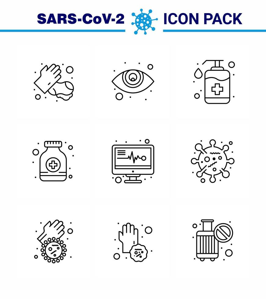 romanzo coronavirus nCoV-2019 9 linea icona imballare medico tenere sotto controllo medicina mano sciroppo bottiglia pillole virale coronavirus 2019 nov malattia vettore design elementi