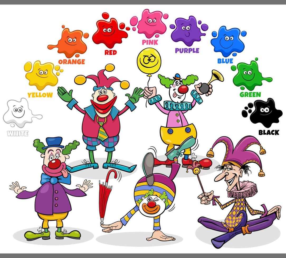di base colori per bambini con gruppo di cartone animato colorato pagliacci vettore