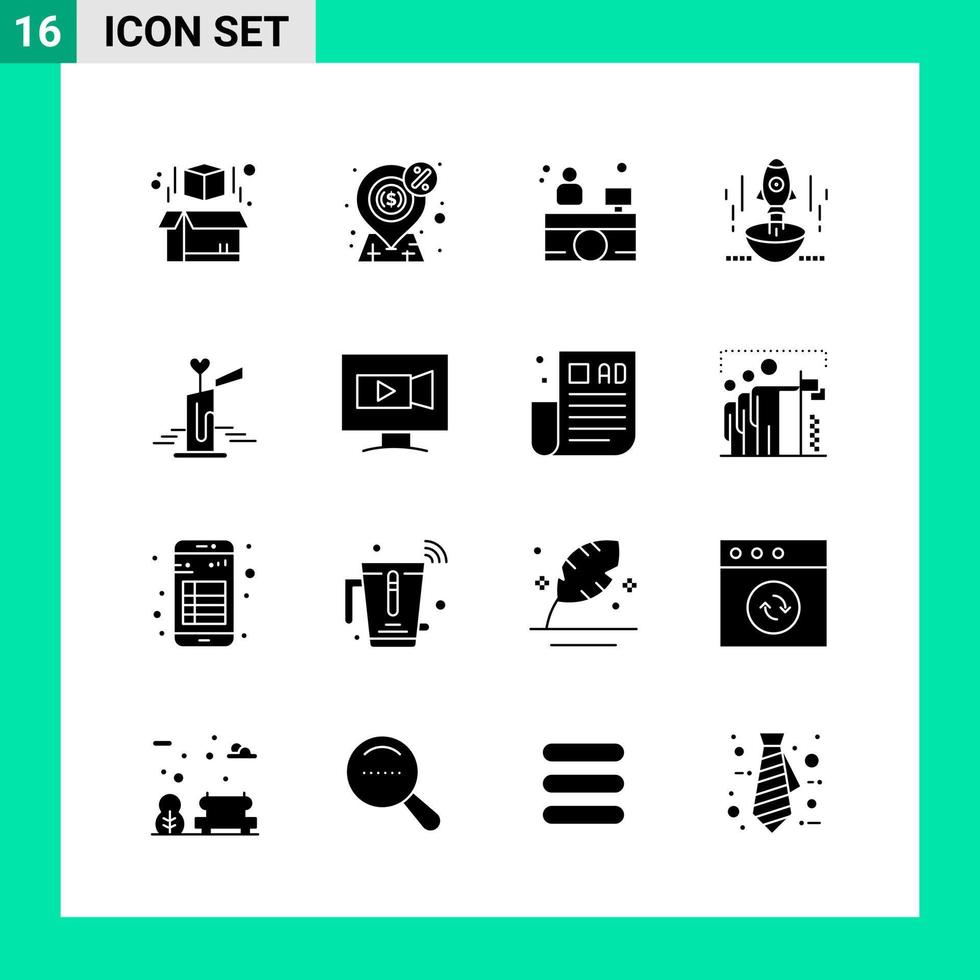 imballare di 16 solido stile icona impostato glifo simboli per Stampa creativo segni isolato su bianca sfondo 16 icona impostato vettore
