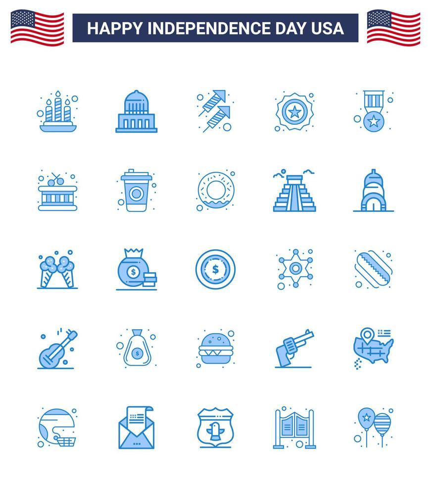4 ° luglio Stati Uniti d'America contento indipendenza giorno icona simboli gruppo di 25 moderno blues di medaglia premio fuoco bandiera sicurezza modificabile Stati Uniti d'America giorno vettore design elementi