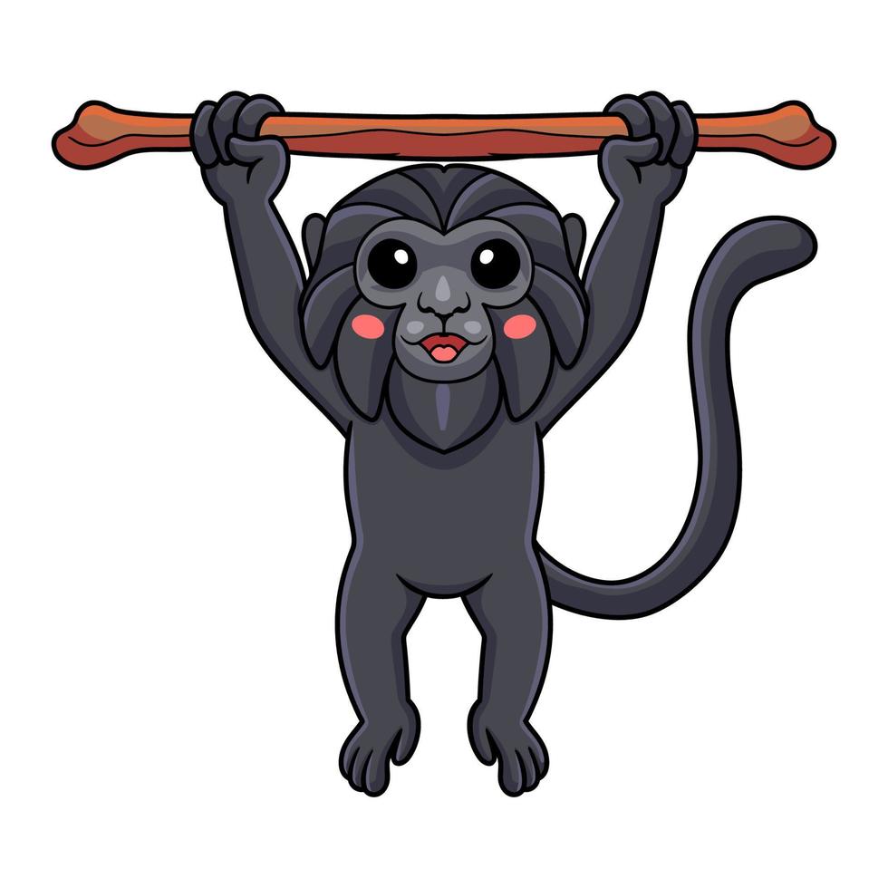 carino Goeldi scimmia cartone animato sospeso su albero vettore