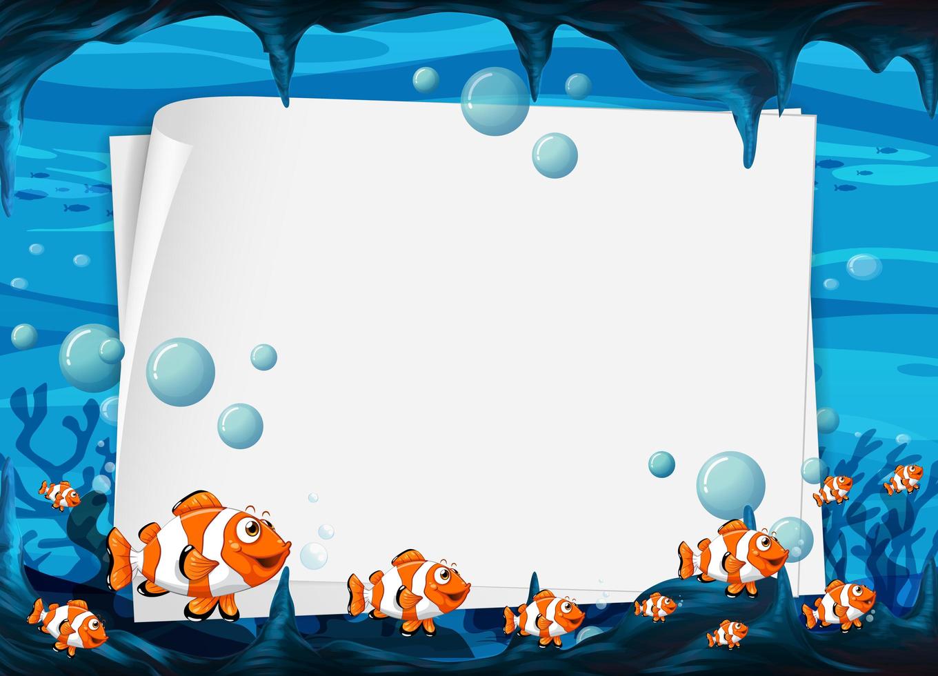 modello di carta bianca con personaggio dei cartoni animati di pesci esotici nella scena subacquea vettore