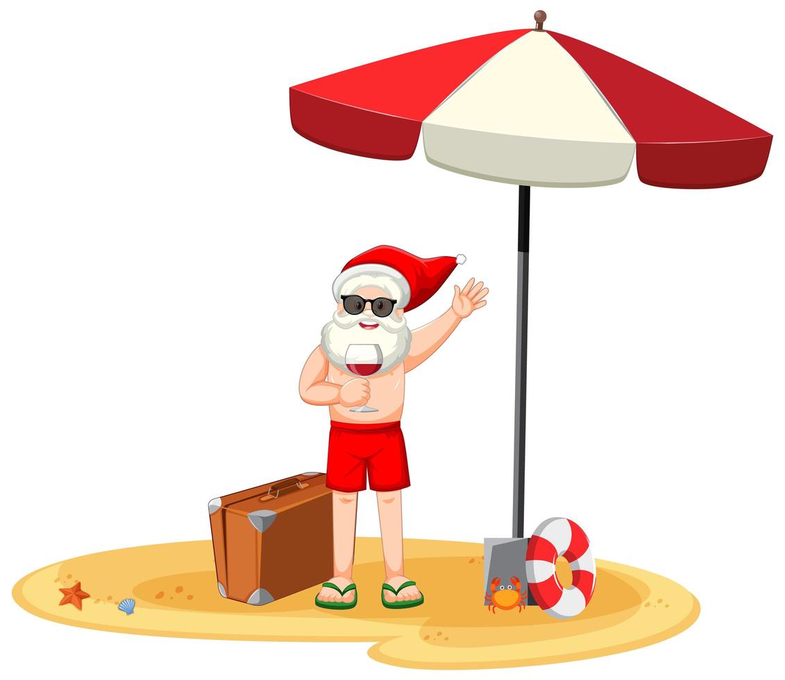 Babbo Natale con personaggio dei cartoni animati di bicchiere di vino in costume estivo vettore