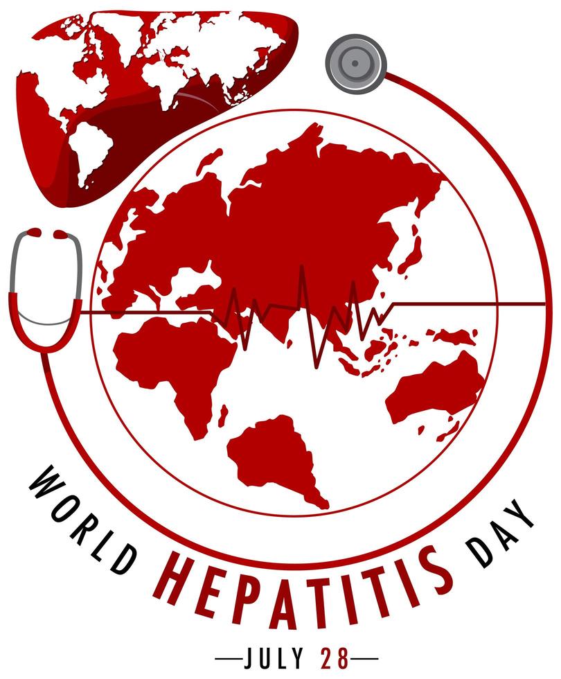logo o banner della giornata mondiale dell'epatite con mappa del mondo sul fegato rosso vettore