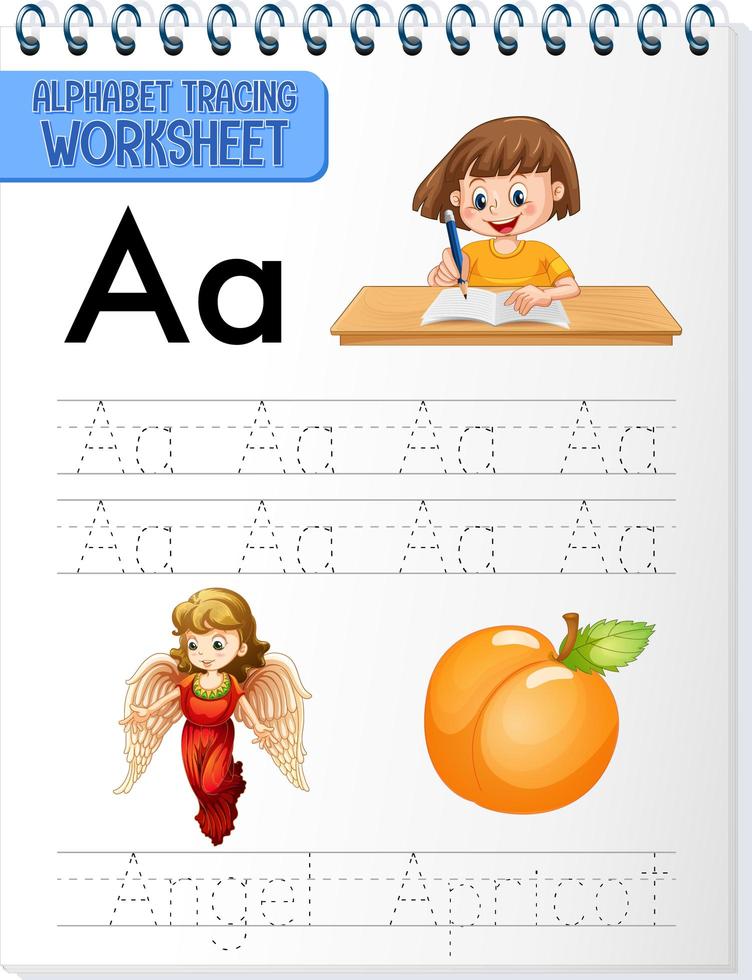 foglio di lavoro di tracciamento alfabeto con lettera e vocabolario vettore