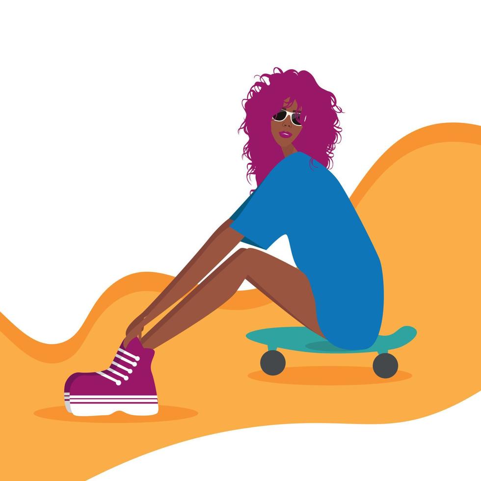 luminosa illustrazione ragazza andare con lo skateboard tempo libero passatempo divertimento - illustrazione per Stampa o cartolina vettore