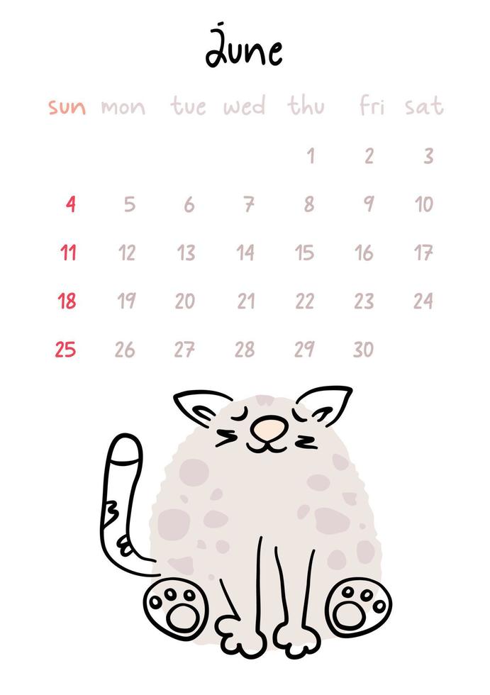 verticale vettore calendario per giugno 2023 con cartone animato grigio gatto. divertente mano disegnato animale domestico con occhi Chiuso. settimana inizia su domenica. per dimensione a4,a5,a3.