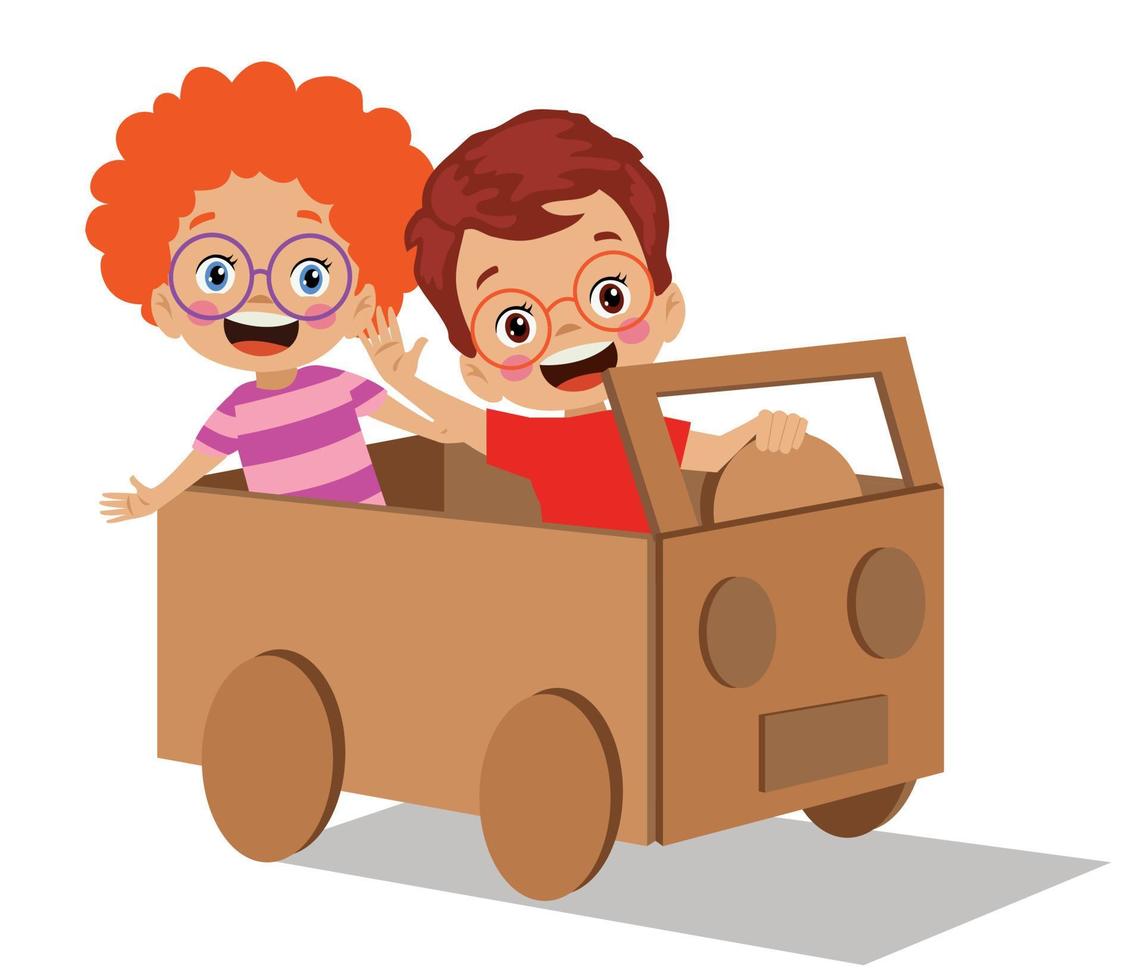 bambini avendo divertimento con giocattolo auto su di cartone scatola vettore