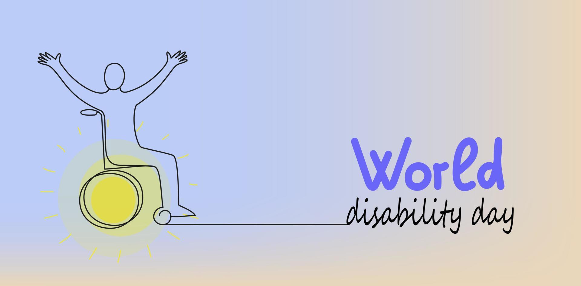 persona nel sedia a rotelle. mondo invalidità giorno vettore scarabocchio striscione. continuo linea disegno illustrazione per sociale media.