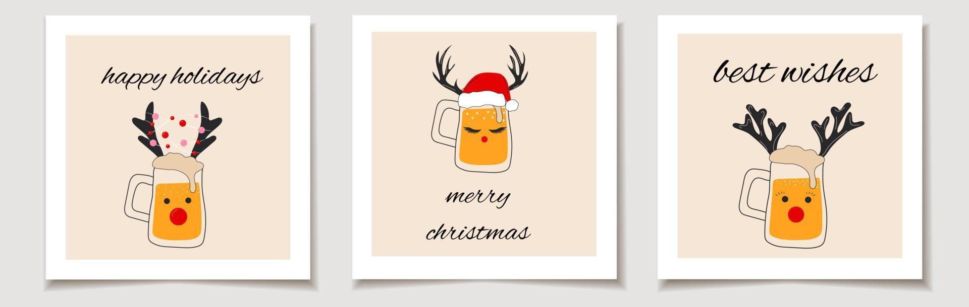 Natale vettore regalo carta o etichetta Natale impostato di tre bicchieri di birra con Natale Accessori. allegro Natale scritte, migliore auguri