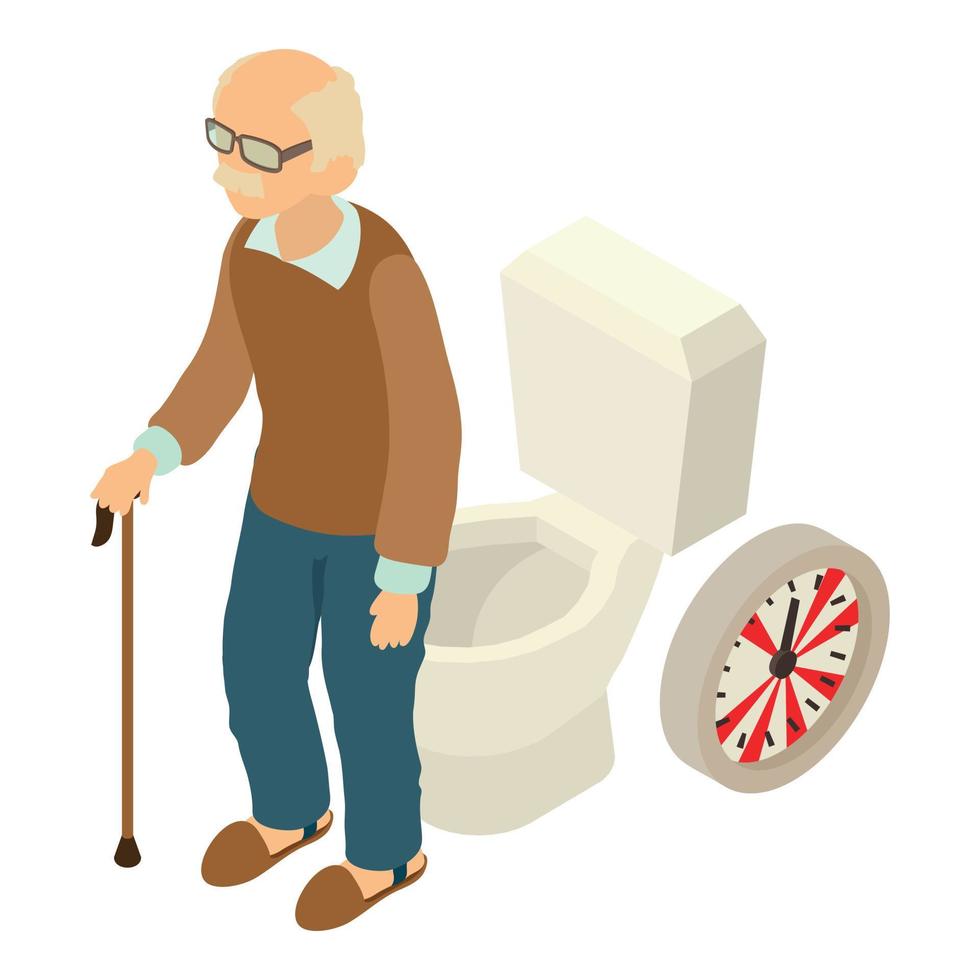 senile malattia icona isometrico vettore. anziano uomo in piedi vicino gabinetto ciotola icona vettore
