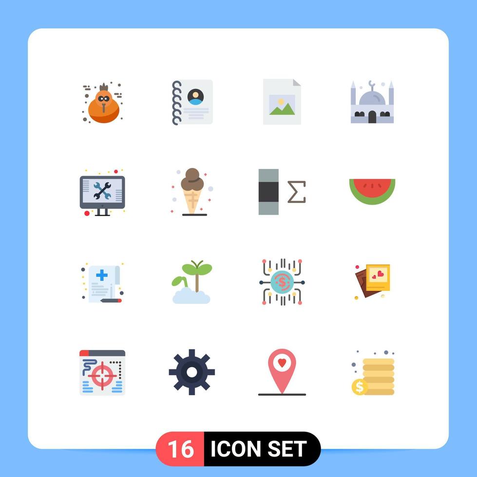 gruppo di 16 piatto colori segni e simboli per tecnico schermo file riparazione musulmano modificabile imballare di creativo vettore design elementi
