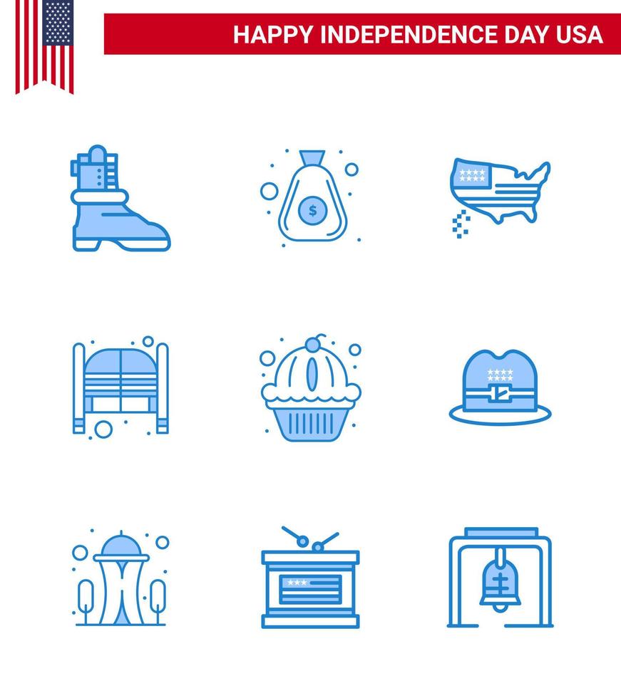 Stati Uniti d'America contento indipendenza pictogram impostato di 9 semplice blues di focaccina Ingresso carta geografica giorno porte modificabile Stati Uniti d'America giorno vettore design elementi