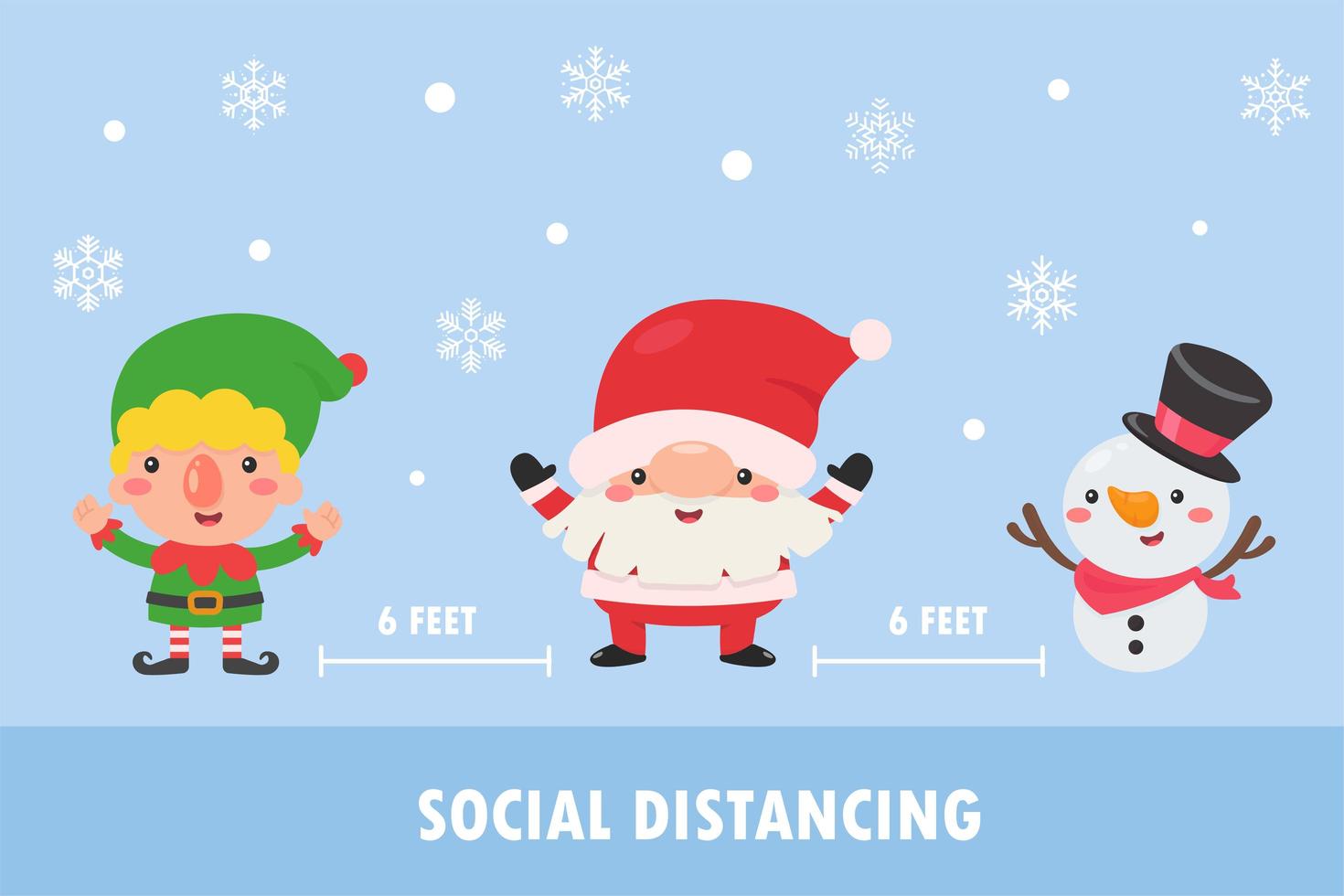 Babbo Natale, elfo e pupazzo di neve allontanamento sociale per prevenire il coronavirus vettore