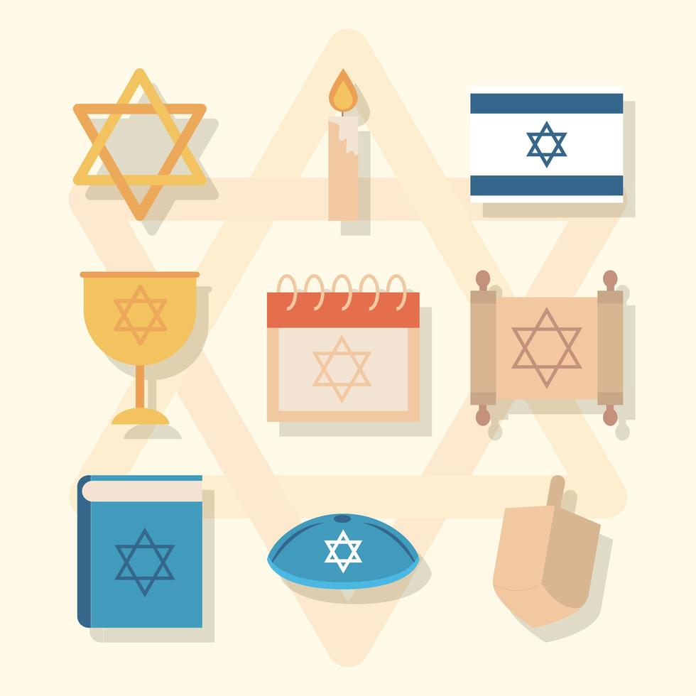 hanukkah, set di icone piatte cerimonia tradizionale ebraica vettore