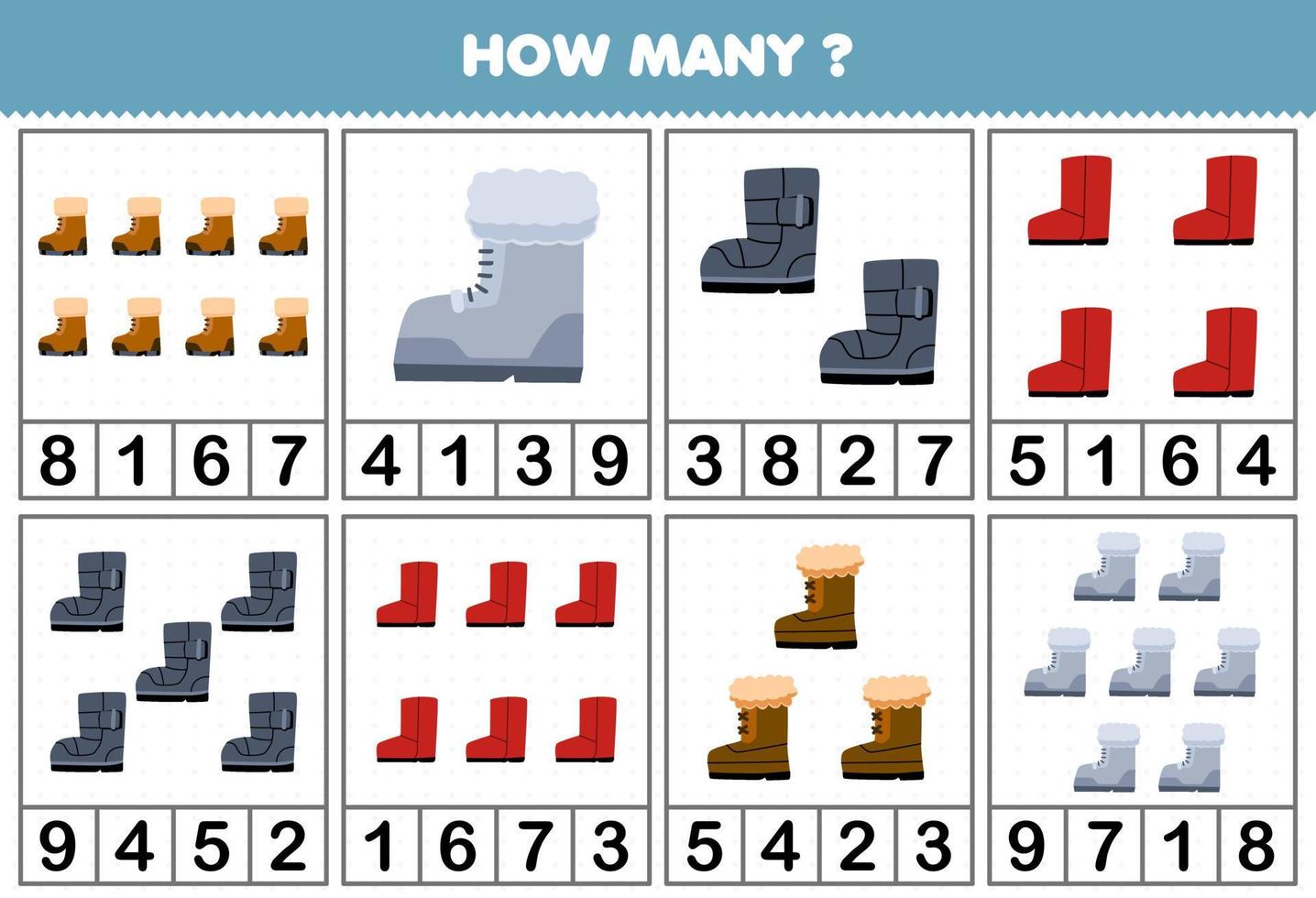 formazione scolastica gioco per bambini conteggio Come molti oggetti nel ogni tavolo di carino cartone animato stivale stampabile inverno foglio di lavoro vettore