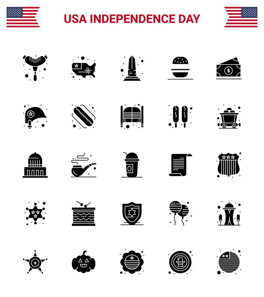 25 solido glifo segni per Stati Uniti d'America indipendenza giorno i soldi Stati Uniti d'America monumento americano hamburger modificabile Stati Uniti d'America giorno vettore design elementi