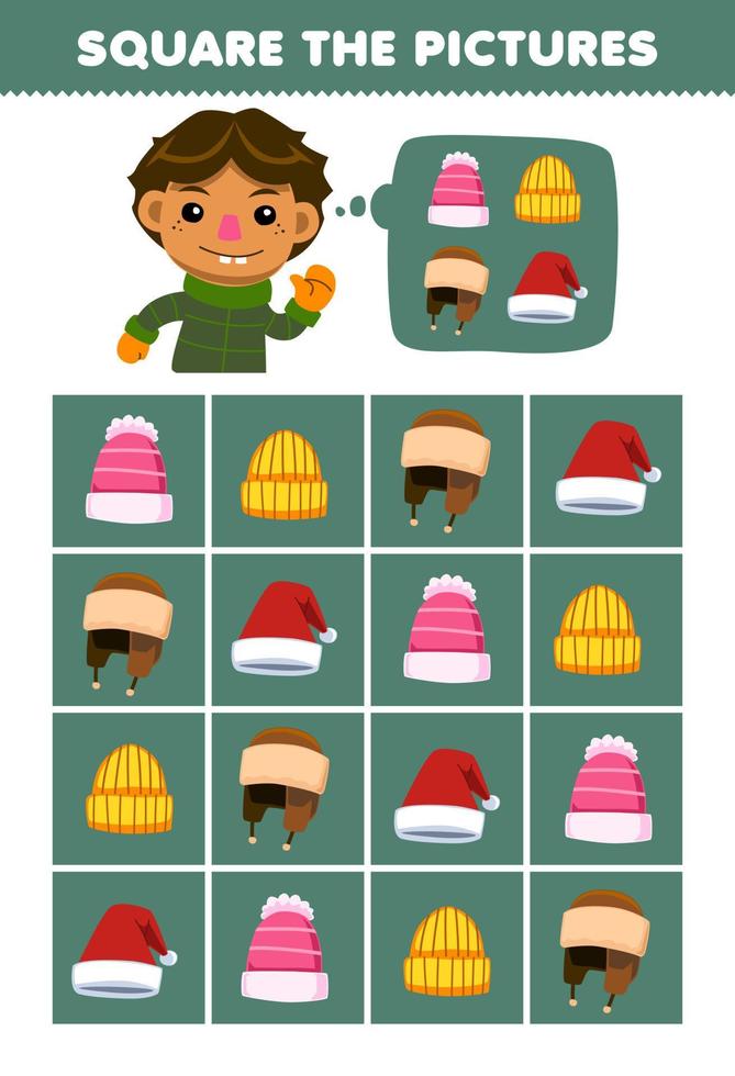 formazione scolastica gioco per bambini Aiuto carino cartone animato ragazzo piazza il corretta Beanie cappello impostato immagine stampabile inverno foglio di lavoro vettore