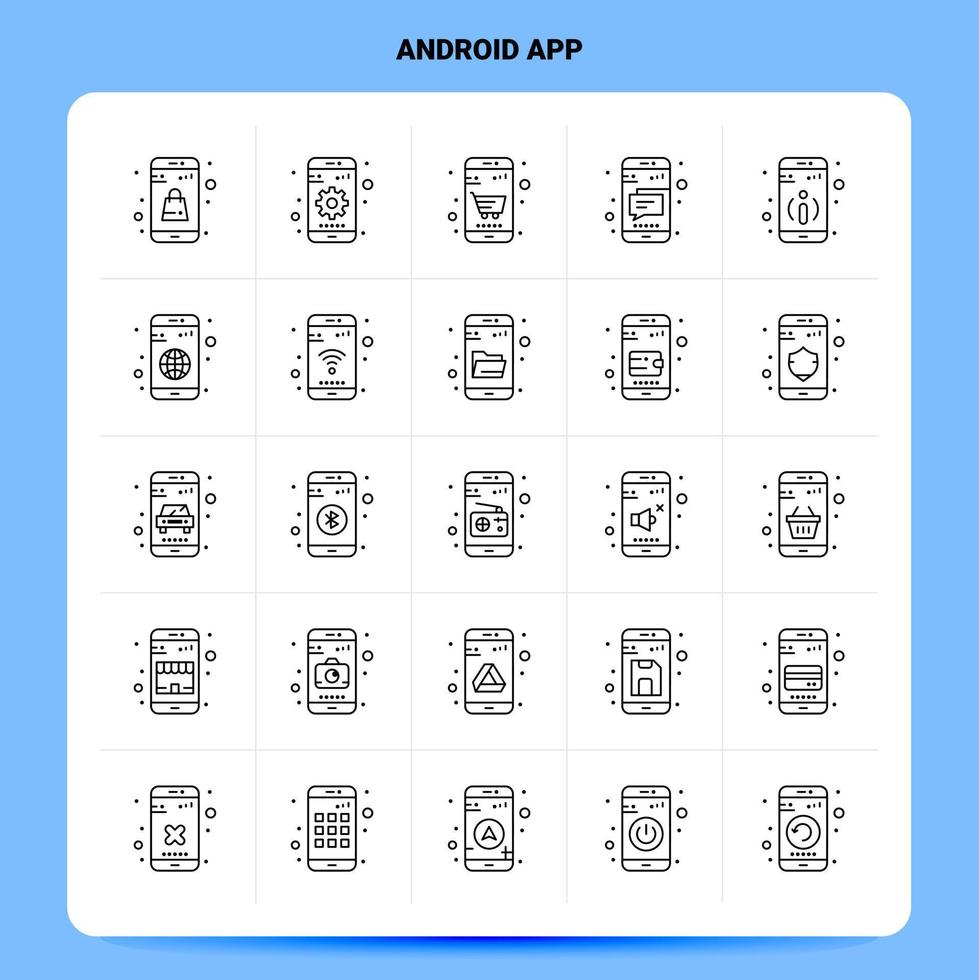 schema 25 androide App icona impostare. vettore linea stile design nero icone impostare. lineare pittogramma pacchetto. ragnatela e mobile attività commerciale idee design vettore illustrazione.