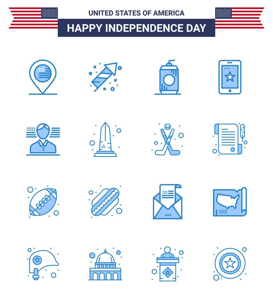 Stati Uniti d'America contento indipendenza pictogram impostato di 16 semplice blues di americano Irlanda bottiglia cellula mobile modificabile Stati Uniti d'America giorno vettore design elementi