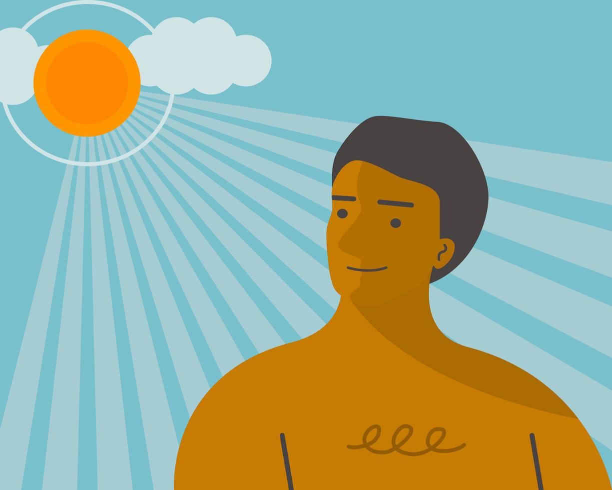 un' salutare uomo in piedi sotto luce del sole per ottenere Di Più vitamina d a partire dal il sole, piatto vettore illustrazione.