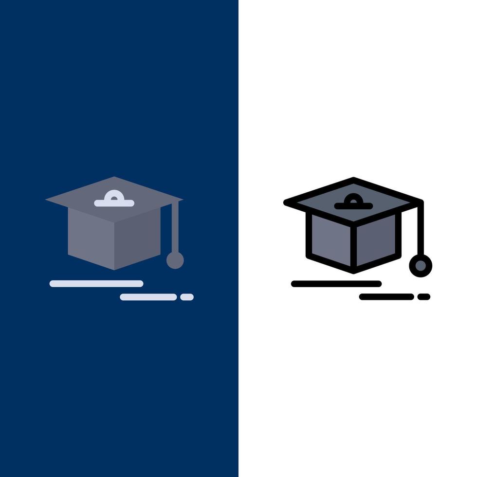 berretto formazione scolastica la laurea icone piatto e linea pieno icona impostato vettore blu sfondo