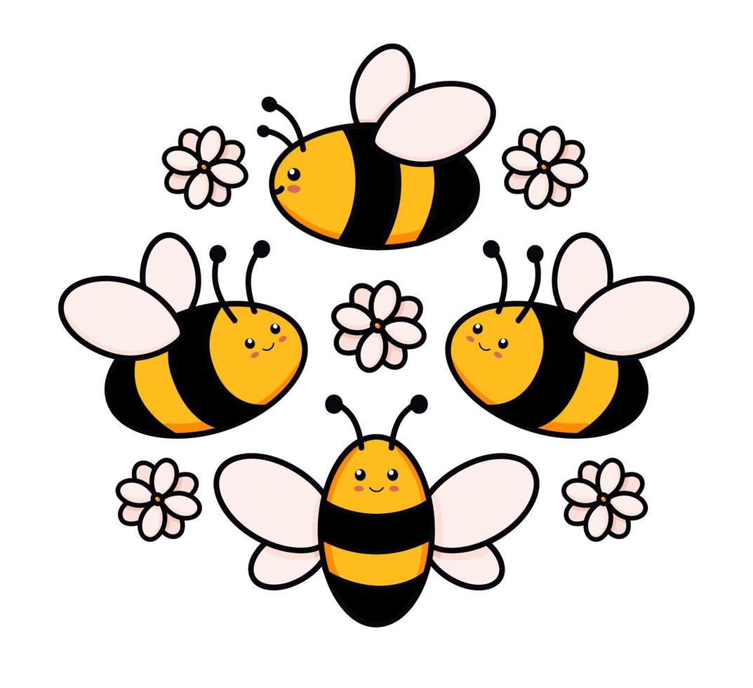 simpatico set di api in una cornice rotonda illustrazione vettoriale in stile doodle. collezione colorata di bombi in un cerchio, bambini che disegnano per l'icona e il design del logo nei colori giallo e nero isolati