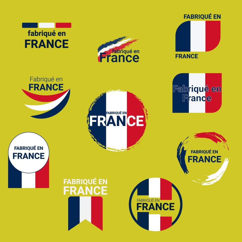 impostato di icone banner pulsanti con testo fatto nel Francia e Francia bandiera vettore