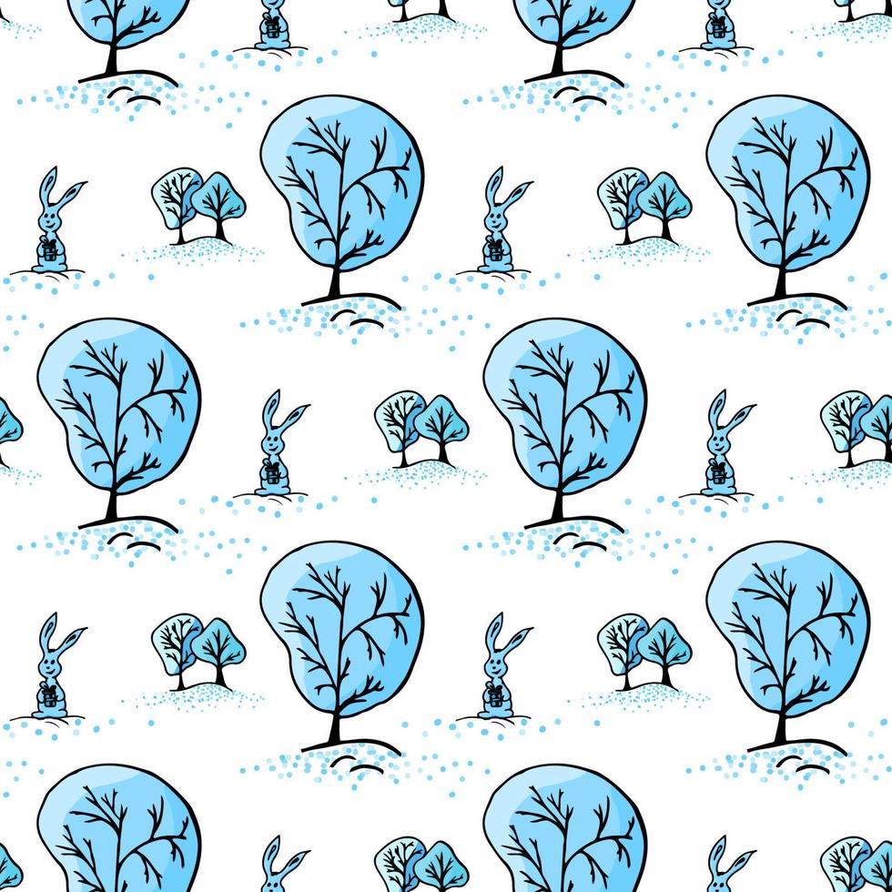 inverno Natale senza soluzione di continuità modello con alberi e coniglio. blu colori. vettore illustrazione.