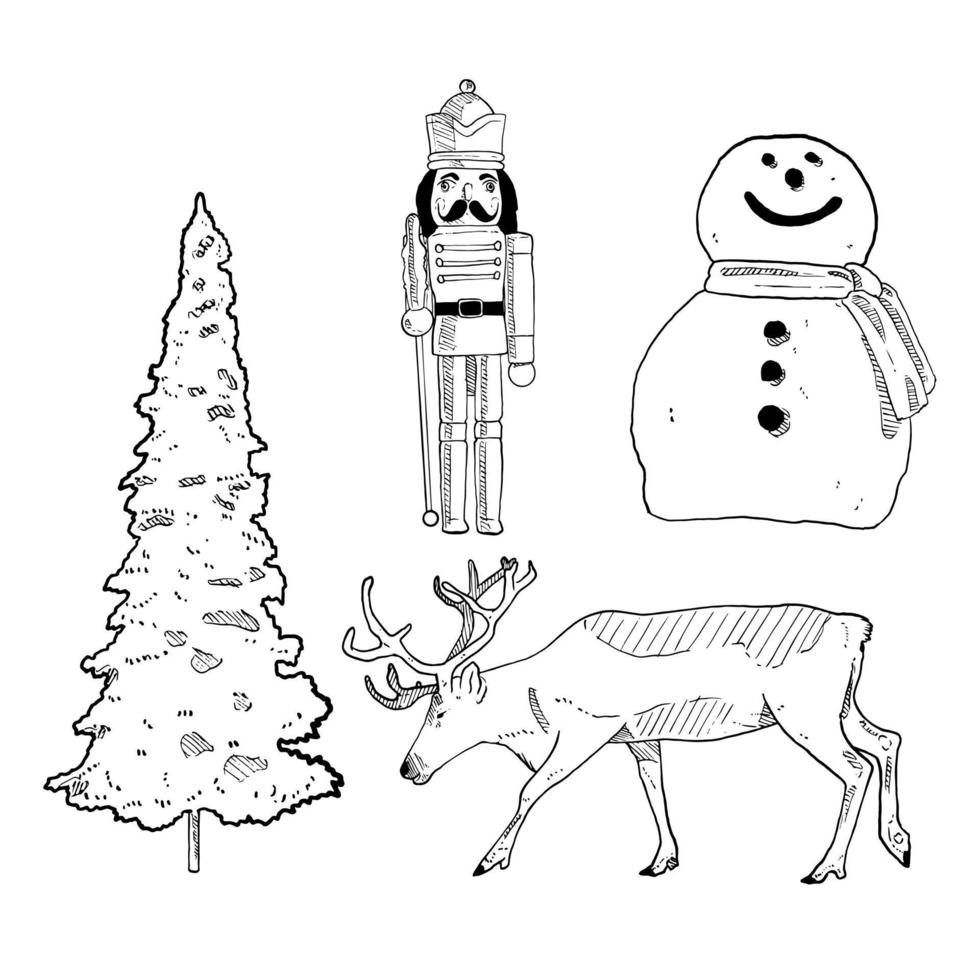 impostato di schizzo e mano disegnato elemento Natale collezione impostato Natale albero giocattolo pupazzo di neve e renna vettore
