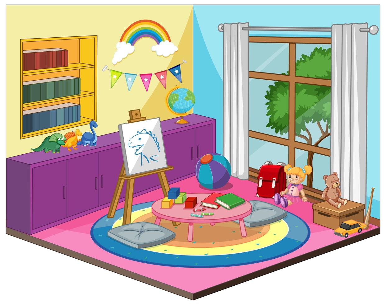 camera dei bambini o interni della stanza dell'asilo con elementi di mobili colorati vettore