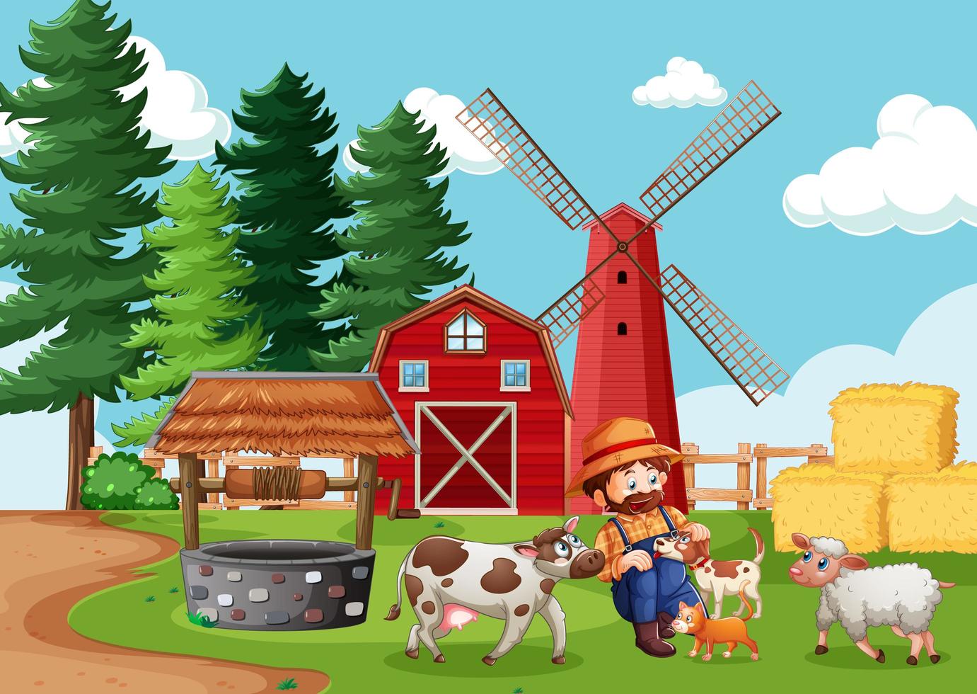 contadino con fattoria degli animali nella scena della fattoria in stile cartone animato vettore